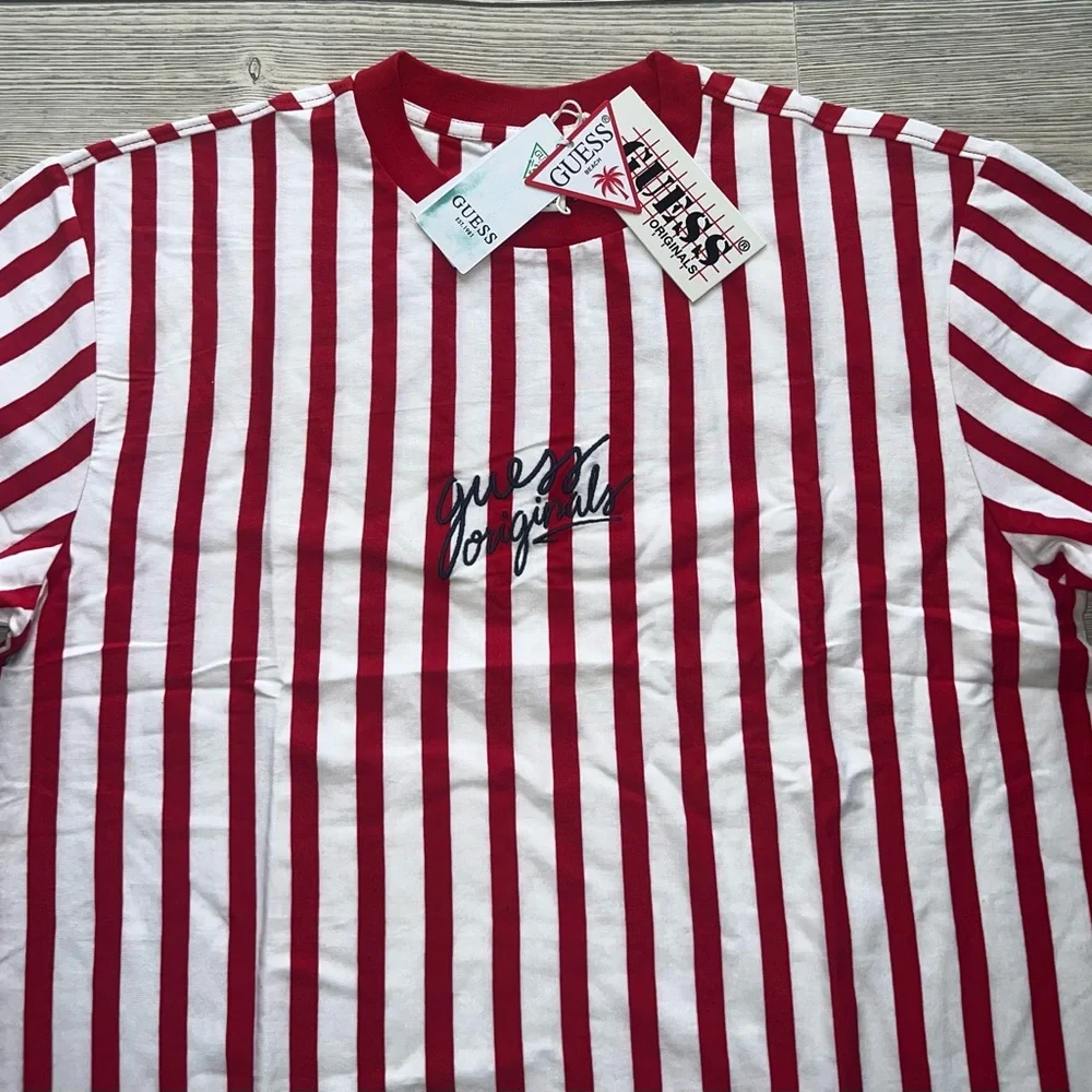 New Size S&M GUESS Originals Aven Stripe Tee Red Cream Navy ASAP Relaxed Fit T - Picture 7 of 11